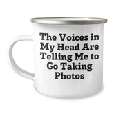 Funny Taking Photos Gifts for Men from Friends, Encouraging Adventure Graduation Unique Mugs, Camping Mug with Quote 'The Voices In My Head Are Telling Me To Go Taking Photos' - Image 1